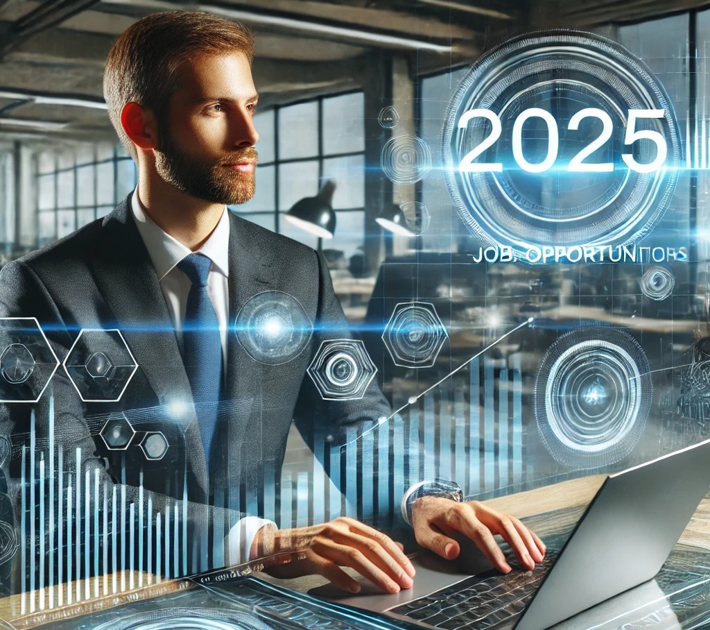 Un candidat încrezător lucrând la un laptop, completând o aplicație de job. Pe fundal, un panou de inspirație cu note motivaționale.